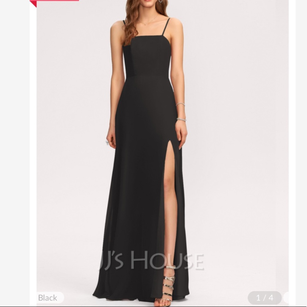 A-line square neck maxi prom dress chiffon black 2